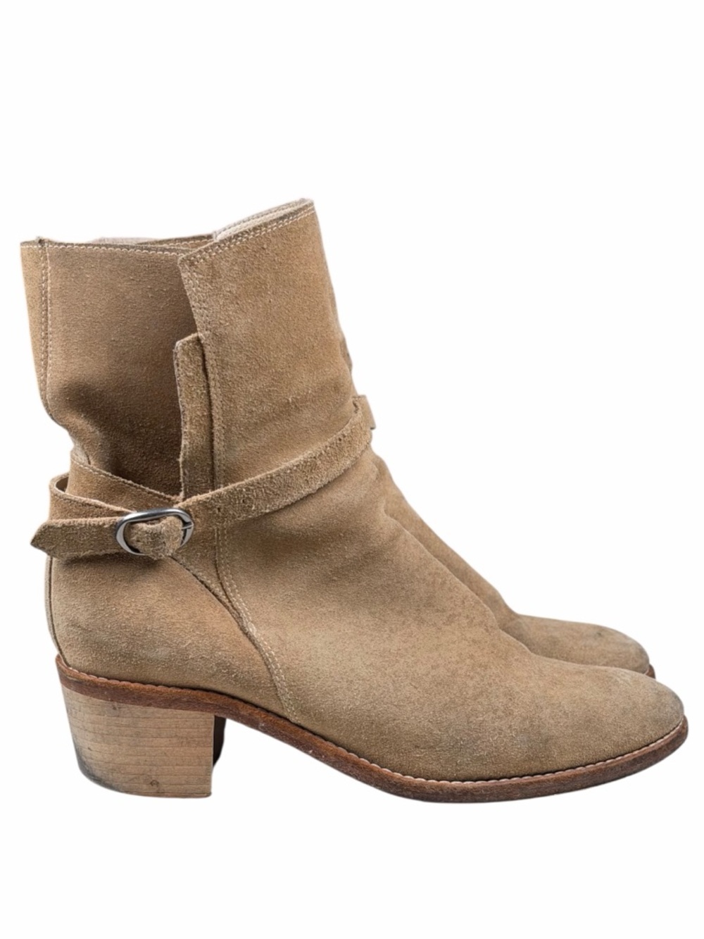 All Saints Tan Suede Leather Ankle Heeled Boots w Buckle Women’s Sz 39/US 8